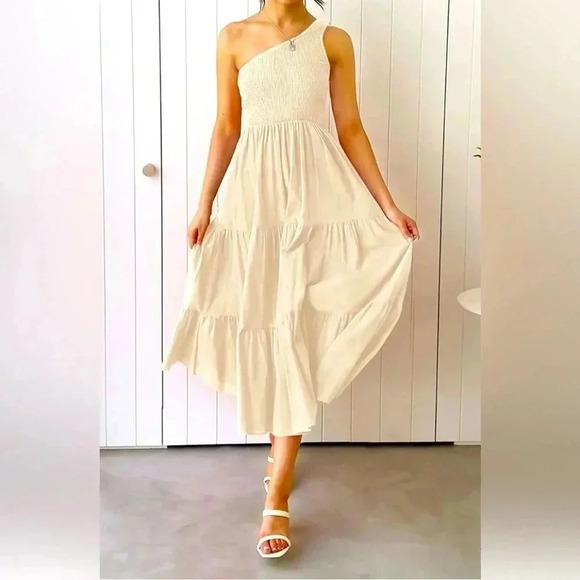 Women's Bohemian Summer One Shoulder Sleeveless Ruffle Tiered Long Midi Dress - Picture 3 of 4